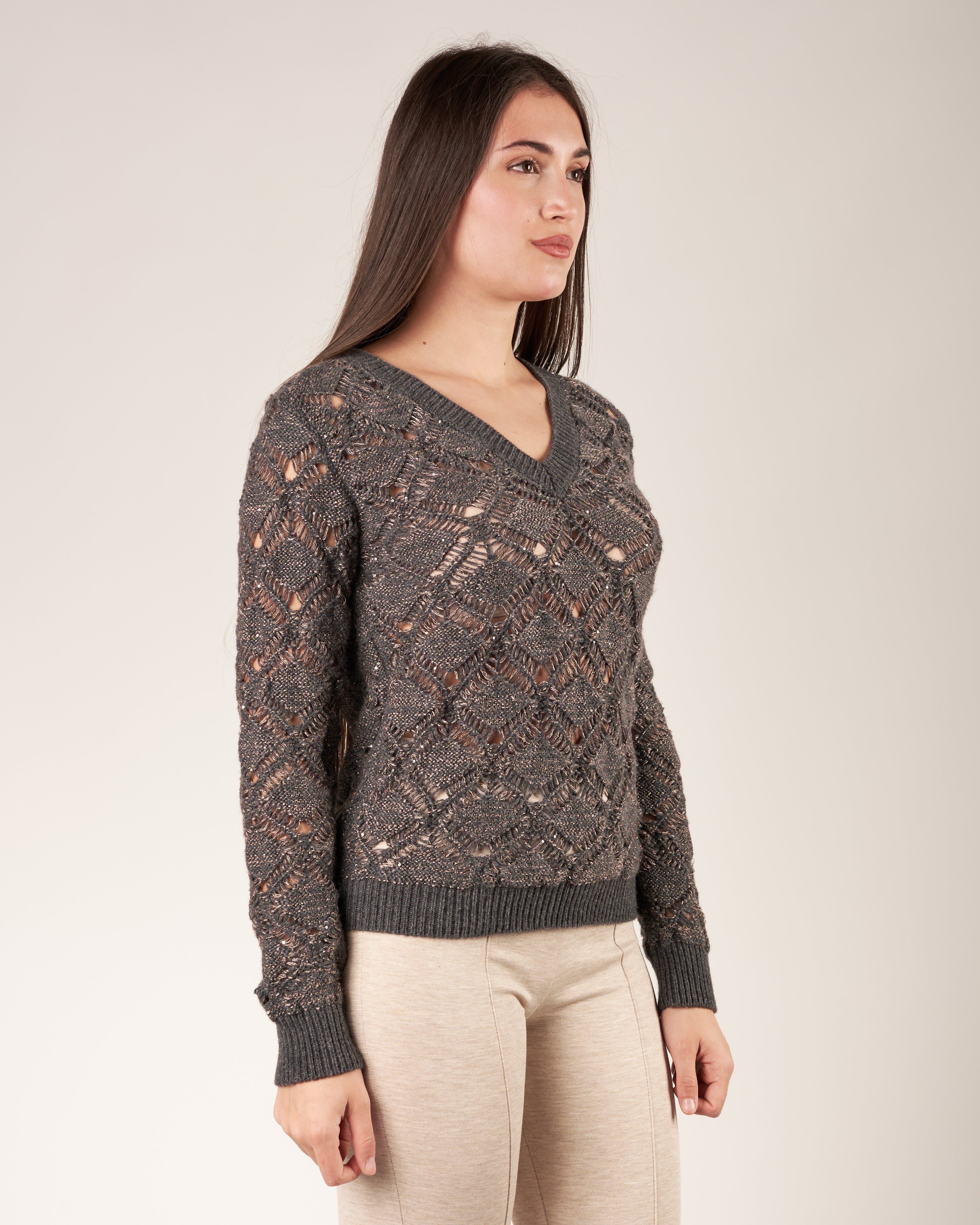 Pullover con scollo a V e paillettes